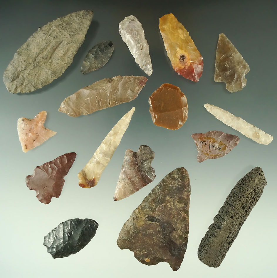 Set of 16 assorted artifacts found in Oregon, largest is 2 3/8".