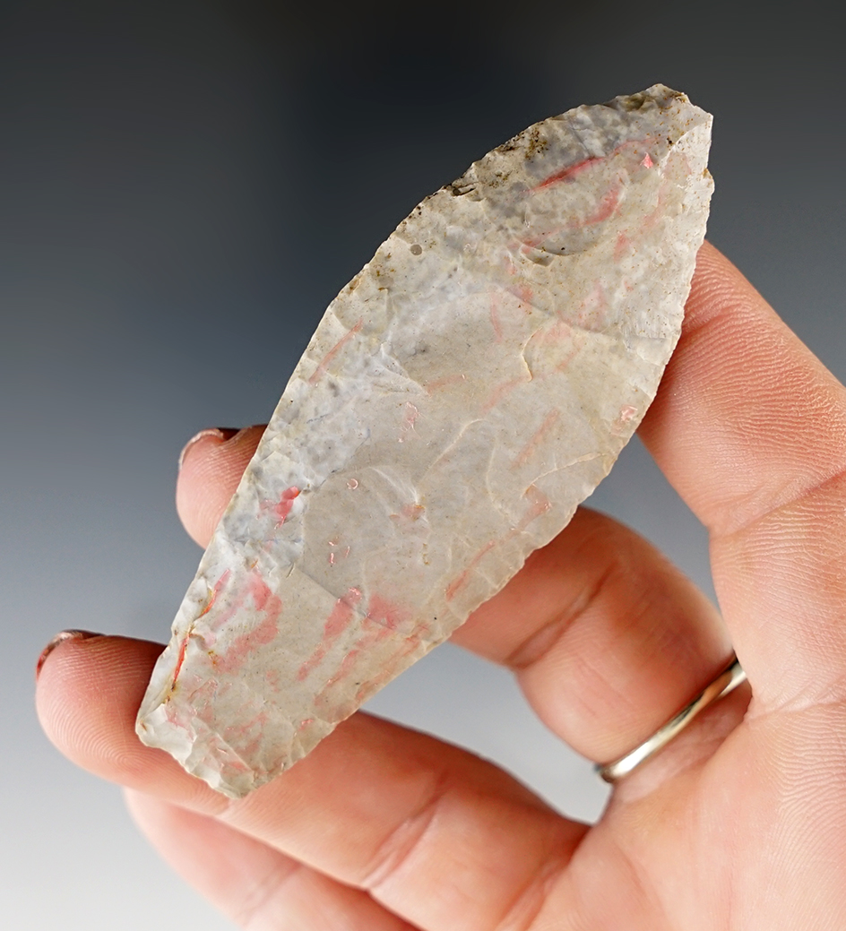 3 1/16" Agate Basin with an ancient impact fracture that was glued to an old board. Indiana.