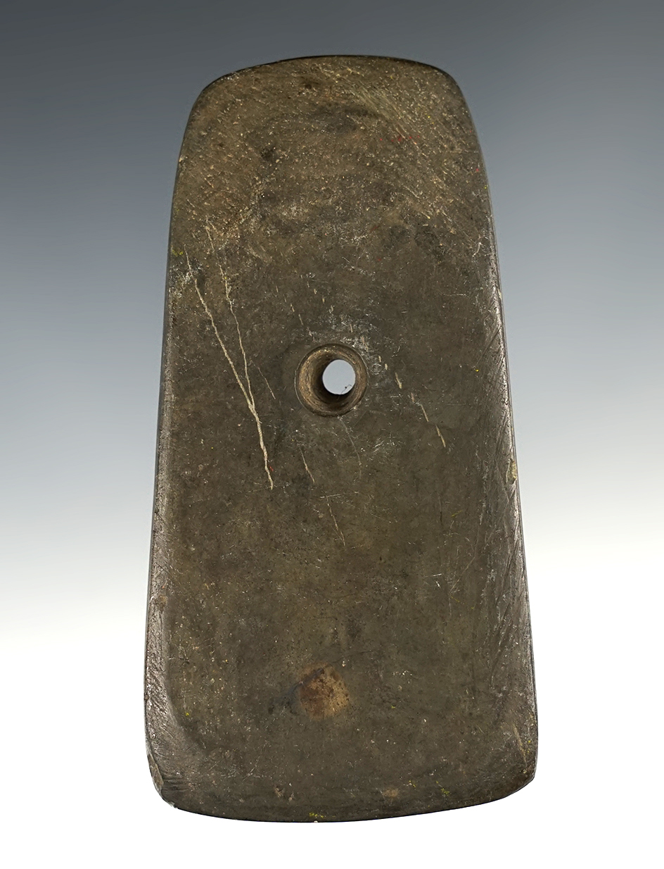 3 7/8" Adena Trapezoidal Pendant made from green and black Mottled Slate. Elkhart Co., Indiana.