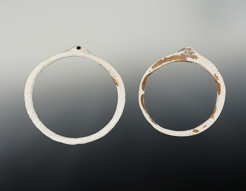 Pair of large well patinated shell bracelets/ornaments found in New Mexico. Largest is 3 1/2"