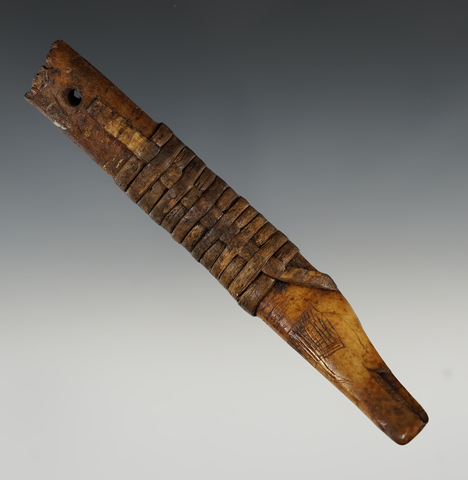 6 3/8" nicely wrapped and engraved bone handle found in Alaska.