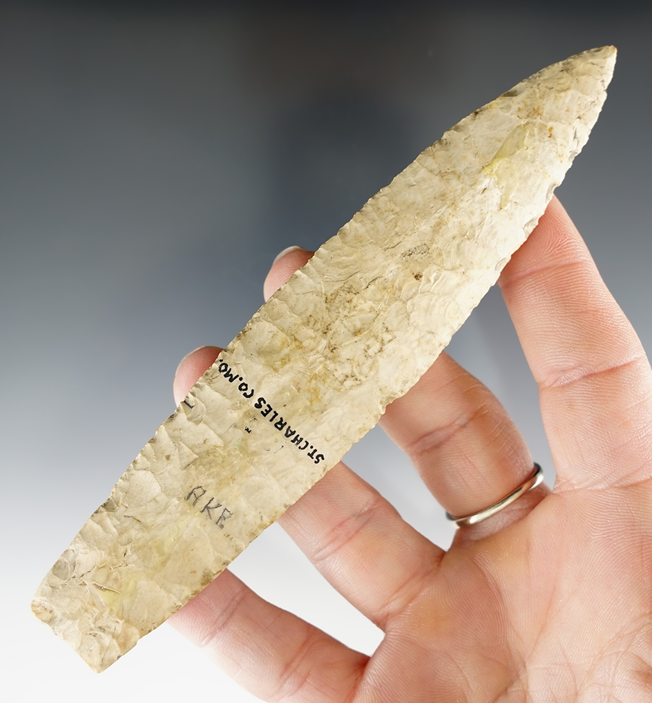 Excellent flaking on this 5 1/2" Agate Basin found in St. Charles Co., Missouri. Bennett COA.