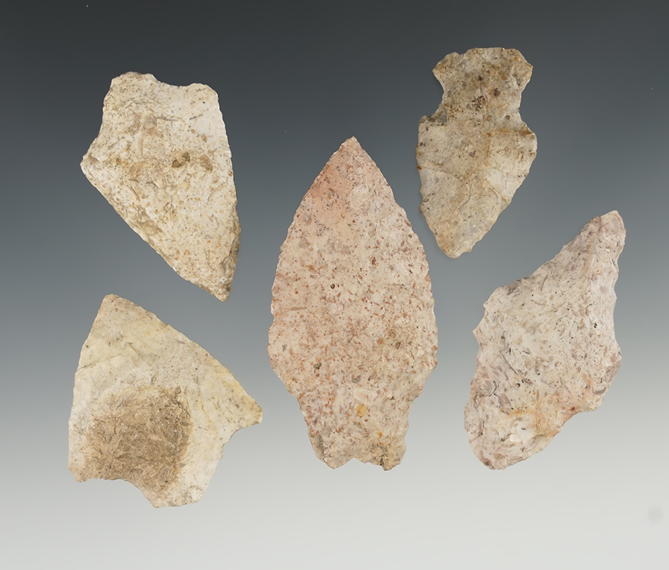 Set of five points and knives found in Florida, largest is 2 3/4". Original collectors cards 1940, 4