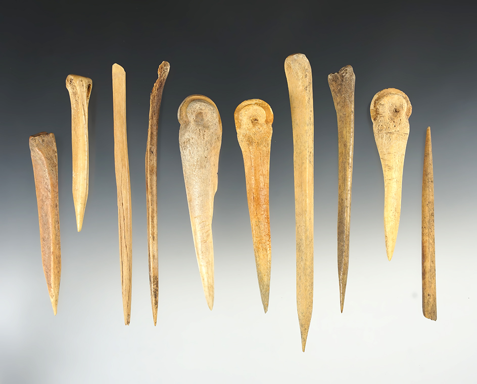 Group of 10 assorted bone awls found in New Mexico, a couple have damage. Largest is 6".