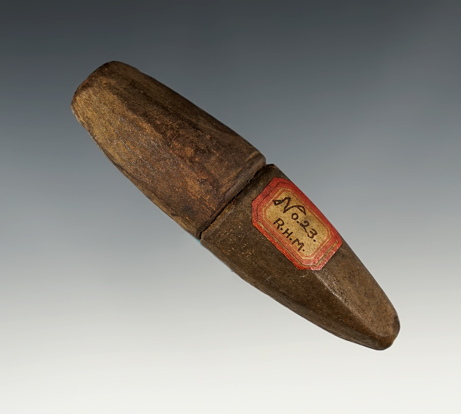 3 3/4" Grooved Atl-Atl Weight that was found in two pieces on a site and reglued at mid-section.