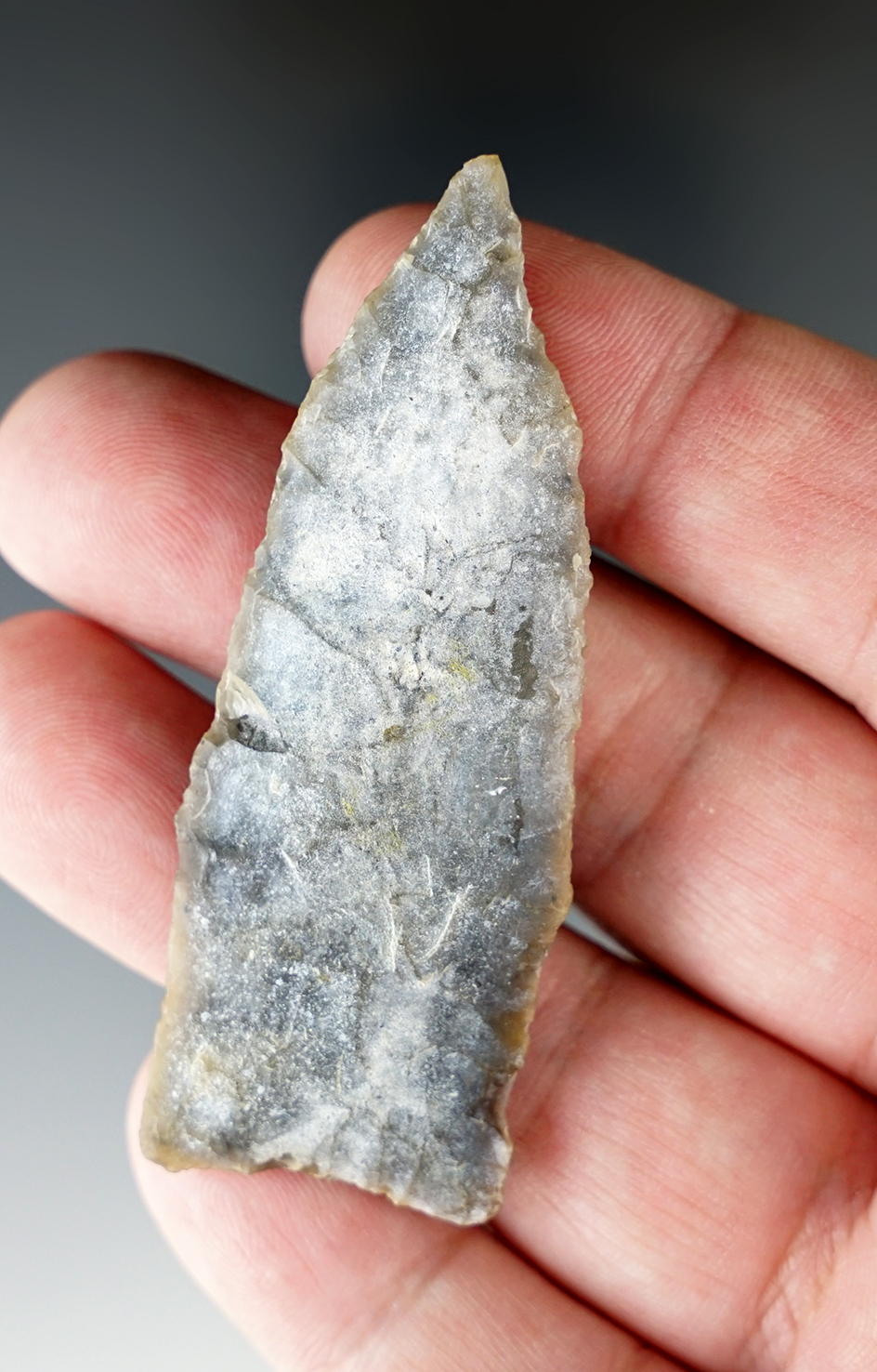 Heavily patinated 2 3/4" Cody Complex, with a nicely ground stem found in Wyoming.