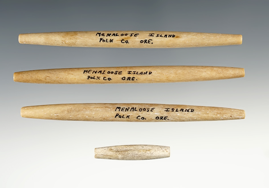 Set of four bone hair beads found in Polk Co., Oregon in excellent condition.. Largest is 4 9/16".