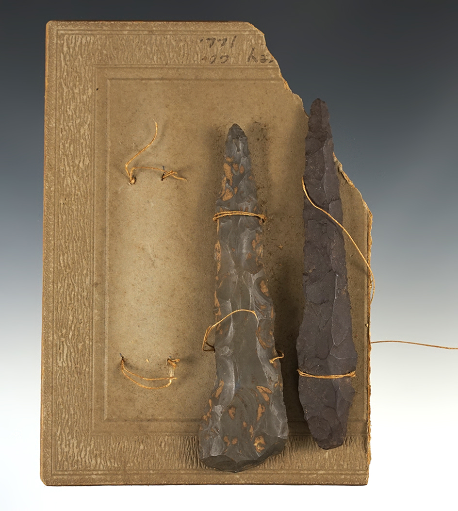 Pair of Flint Pipe Drills tied to an old board. Found in Jersey Co., Illinois. Largest is 4 7/16".