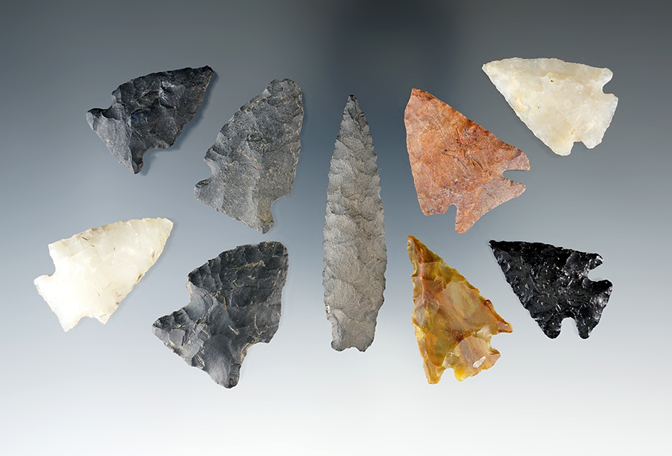 Set of nine assorted arrowheads found in New Mexico. Largest is 2 1/4".