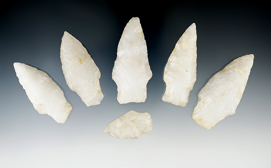 Set of six nice quartz points found in Cecil Co., Maryland, largest is 2 3/8".