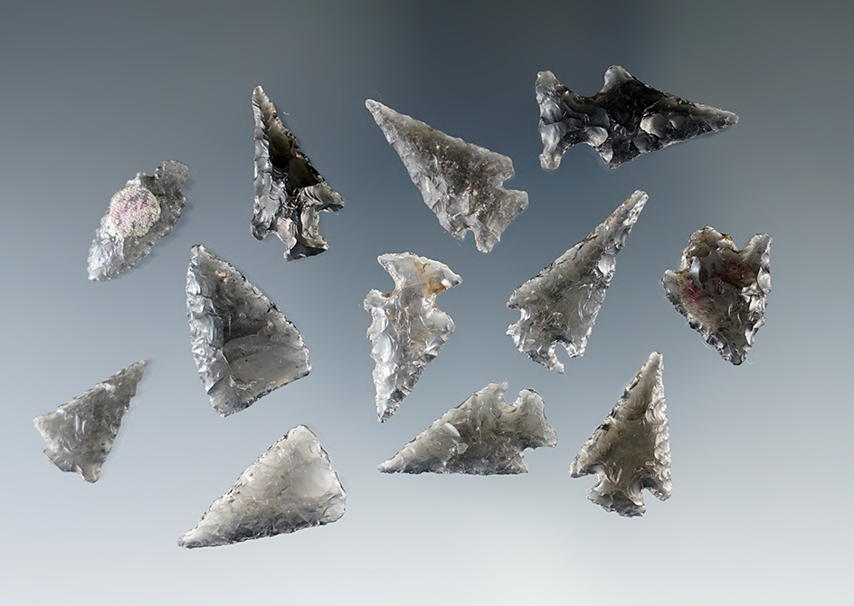 Set of 12 Obsidian arrowheads found in New Mexico, largest is 15/16".