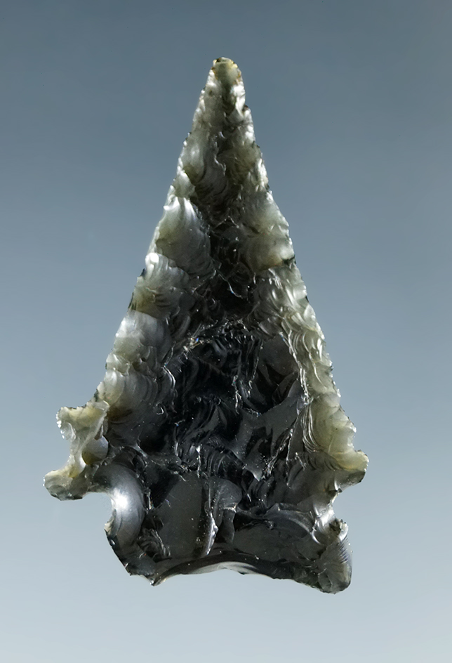 Unique Style!  1 1/4" Green-tint Obsidian point with shoulder notch added to one side - Nevada.