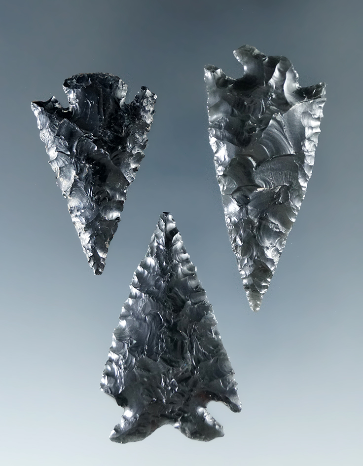 Set of three Cornernotch points made from obsidian found in Humboldt Co., Nevada.
