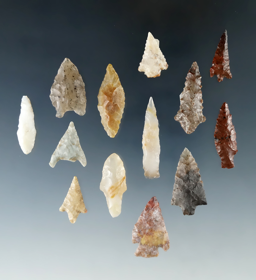 Set of 13 arrowheads and Drills found in Oregon and Washington, largest is 1 9/16".