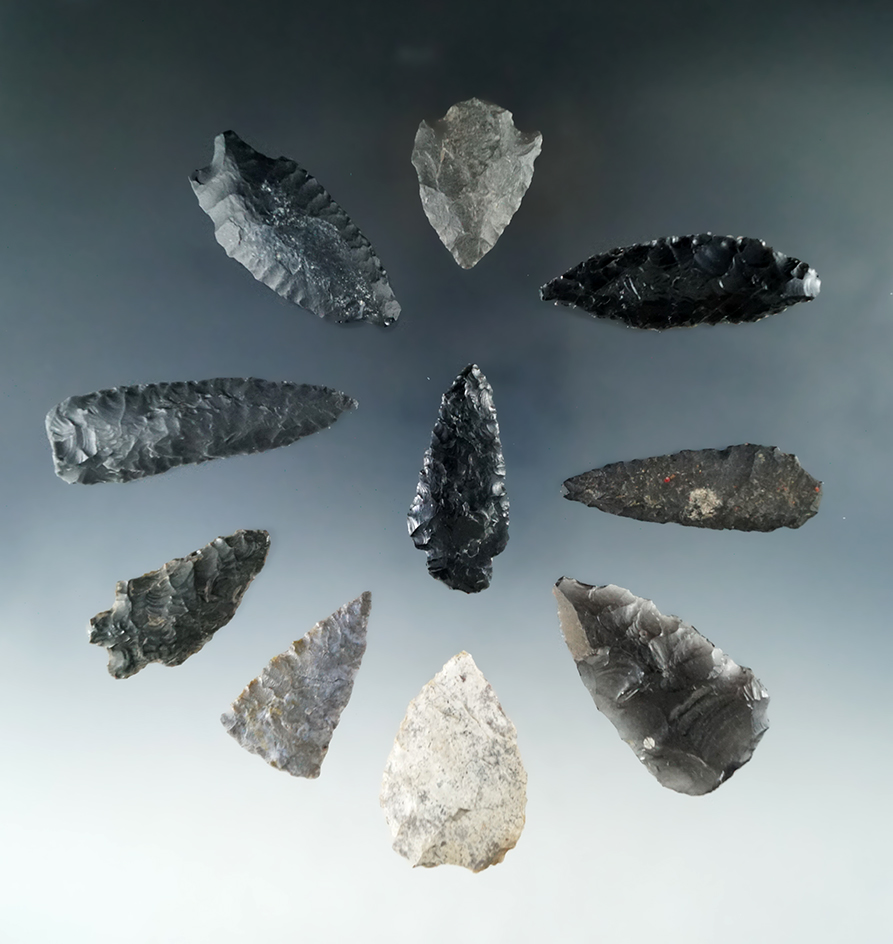 Set of 10 assorted flaked points and Knives found in Humboldt Co., Nevada, largest is 2 9/16".