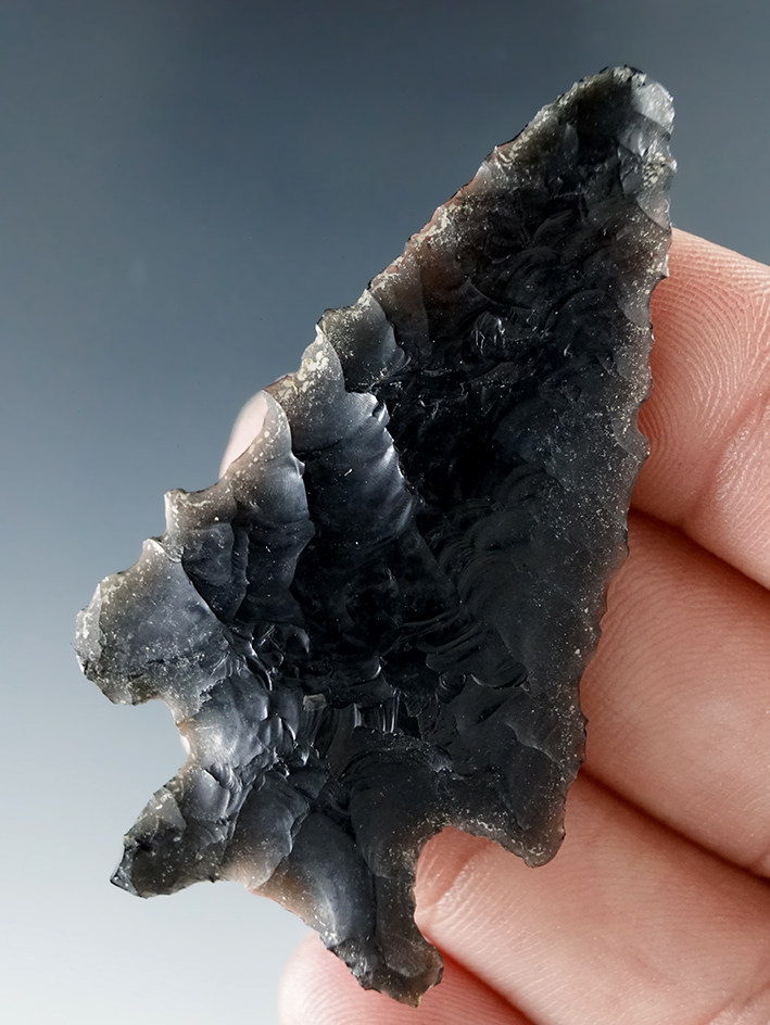 2 3/16" obsidian Elko that is well patinated found in Humboldt Co., Nevada.