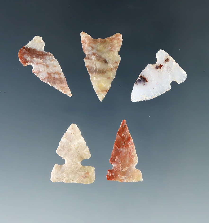 Set of five Sidenotch arrowhead made from attractive material, largest is 7/8" found by R. N. Johnso