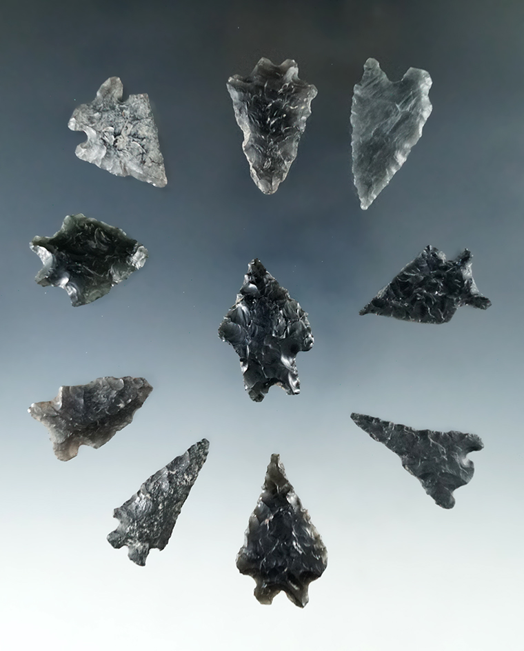 Set of 10 assorted arrowheads found in Humboldt Co., Nevada. Largest is 1 1/2".