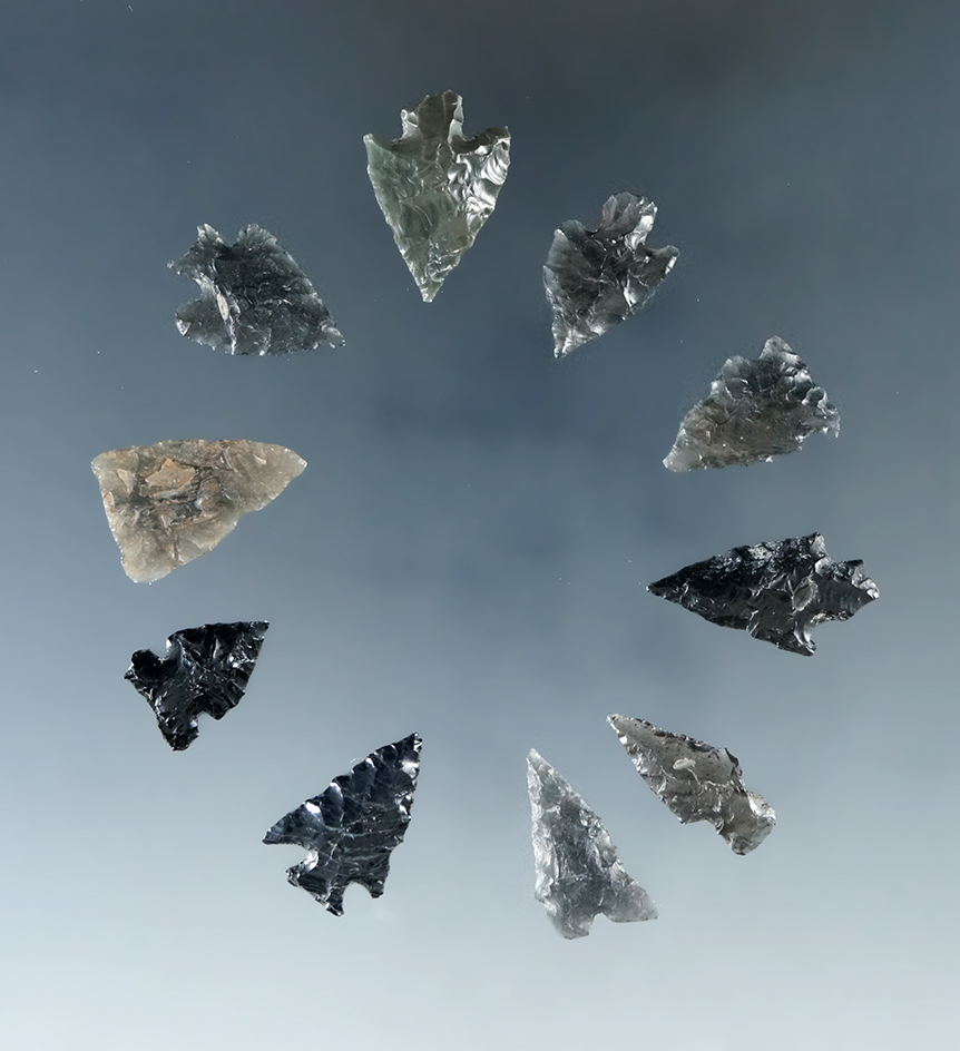 Set of 10 assorted arrowheads found in Humboldt Co., Nevada. Largest is 13/16".