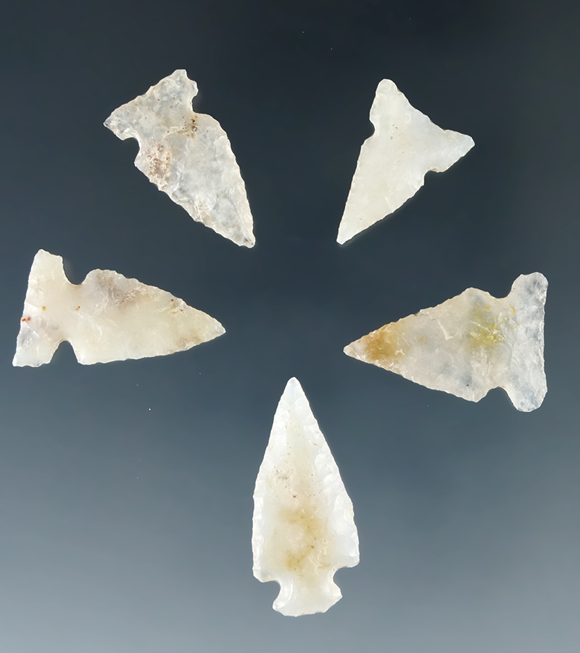 Set of five chalcedony arrowheads, largest is 1" found in Sandoval Co., New Mexico.