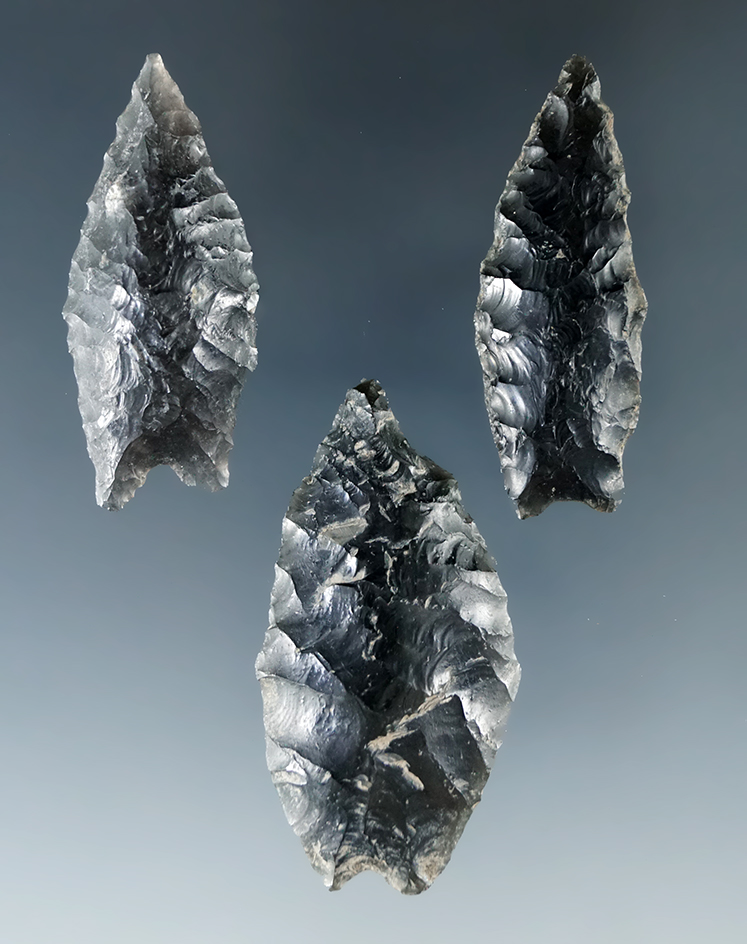 Set of three nice obsidian Humboldt points, largest is 1 7/8". Found in Humboldt Co., Nevada.