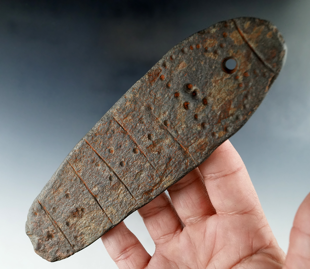 Very rare! 6 5/16" highly stylized tabular schist pendant found near Priest Rapids - Stermer COA.