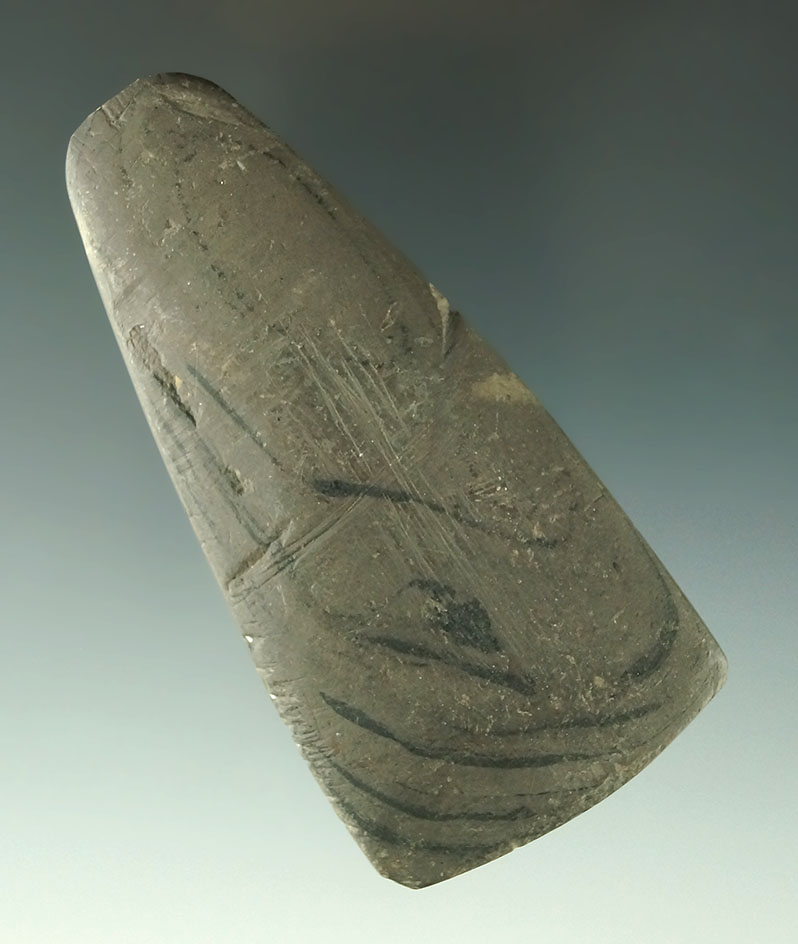 3 13/16" undrilled Trapezoidal Pendant made from banded slate found in Stark Co., Ohio.