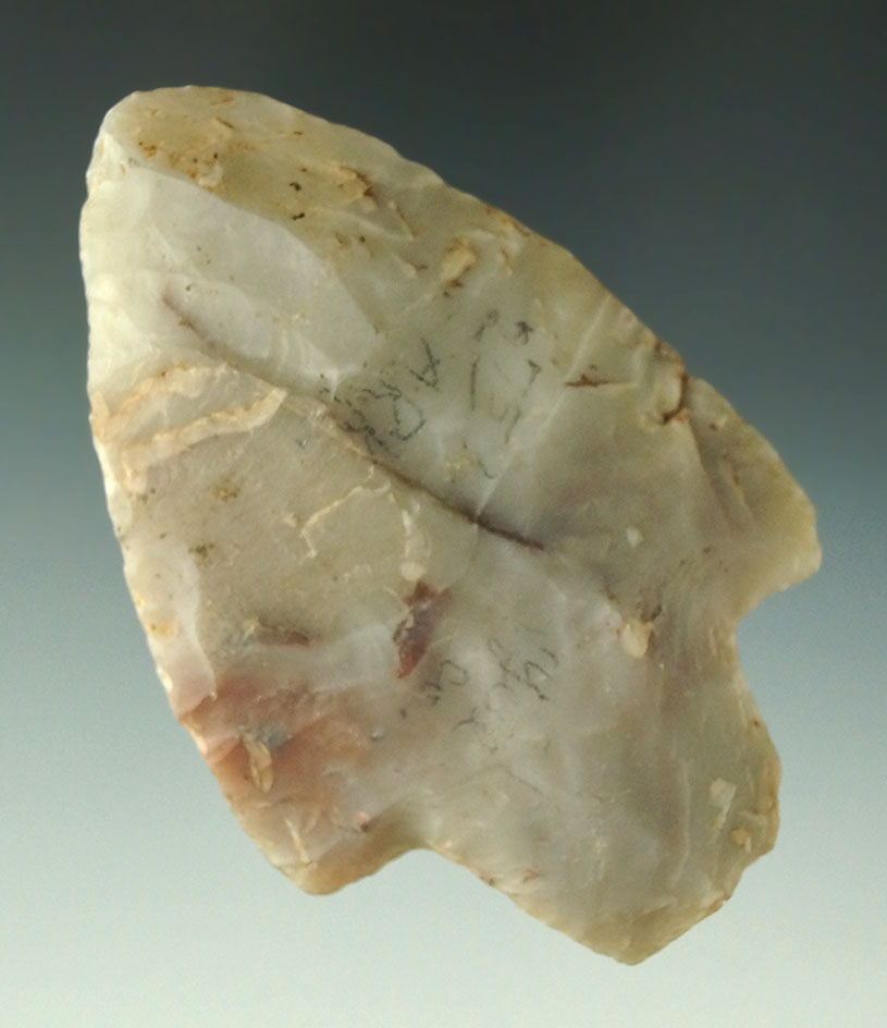 3 1/2" Adena made from heavily patinated and nicely translucent novaculite found in Cross Co., AR.