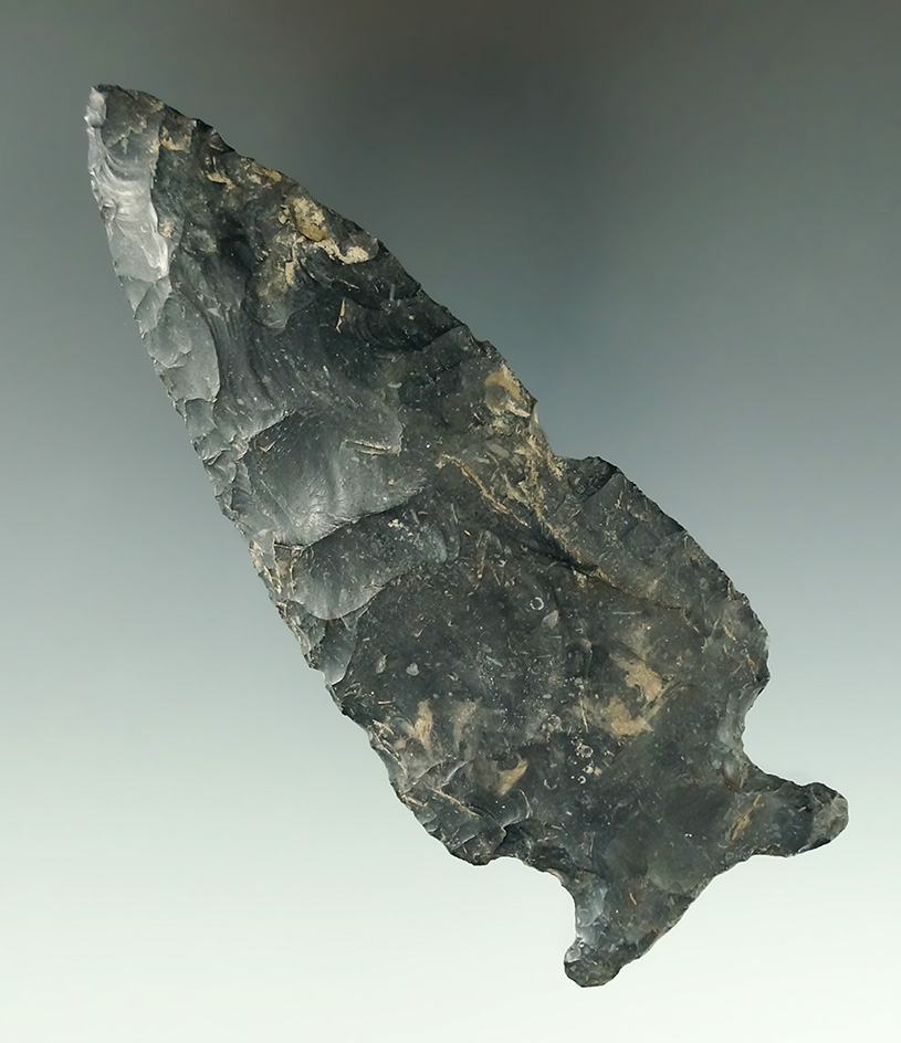 Very unique, large 4 5/16" fishtail Base Coshocton Flint Knife found in Crawford Co., Pennsylvania.