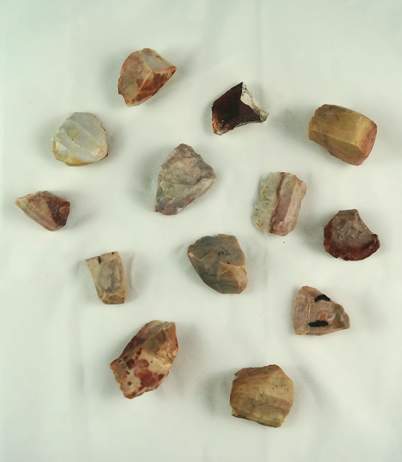 Set of 13 colorful Flint Ridge Flint Hopewell Cores found in Ohio, largest is 1 7/8".