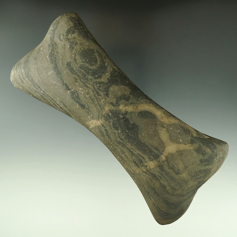 5 7/8" undrilled banded slate Bannerstone with restoration to one corner -Cuyahoga Co., Ohio.