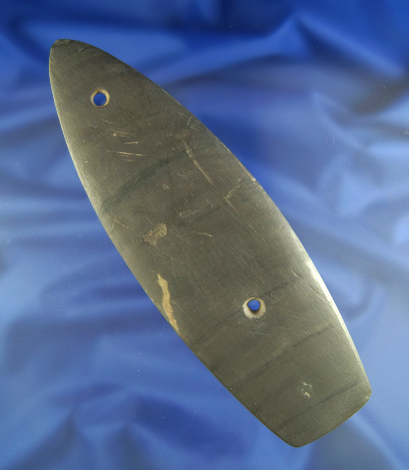 Very large 7 9/16" Glacial Kame Gorget that is 1/3 restored by Sam Speck, Seneca Co.,  Ohio.