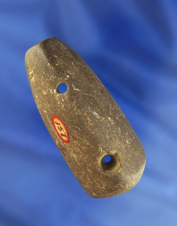 2 7/8" Ridged Gorget made from Brown slate is heavily patinated found in Richland Co.,  Ohio.