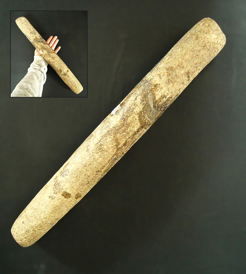 Very large 17 3/4" Roller Pestle - Ohio purchased at Garth's auction on 4-17-1983. Broken and glued.
