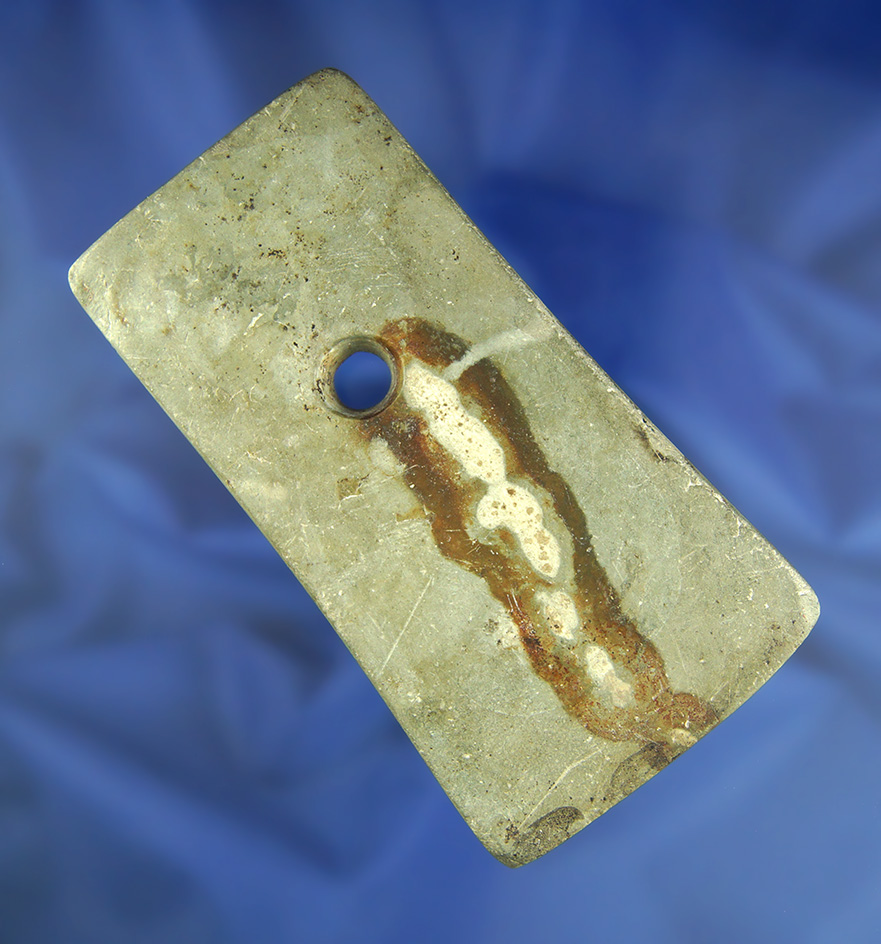 Heavily patinated 4 1/4" green slate Trapezoidal Pendant found in Crawford Co.,  Ohio Ex. Jim Hovan.