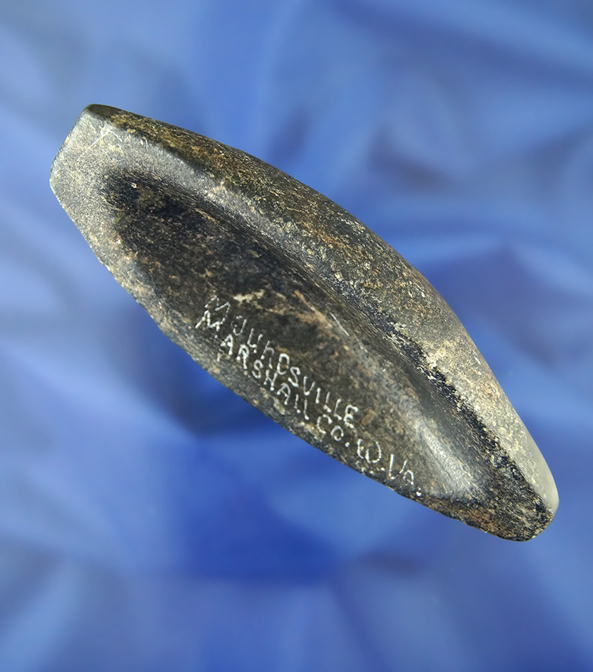 4 1/8" nicely scooped undrilled Boatstone found near Moundsville, Marshall Co.,  West Virginia.