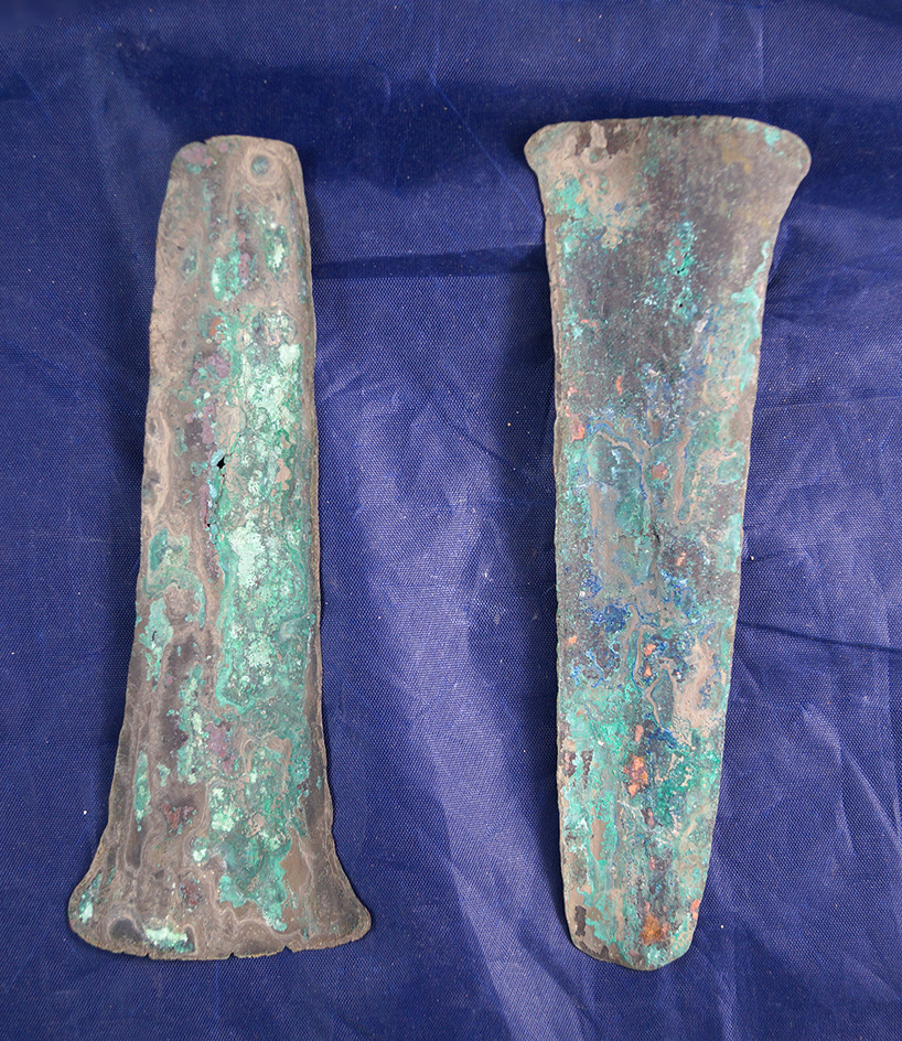 Pair of 6" long Copper Aztec Hoe Money in very nice condition that is well patinated.