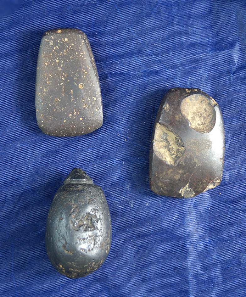 Set of 3 Hematite artifacts including: 2 Celts and a grooved Plummet, largest is 2".