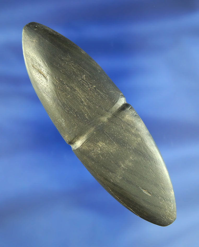 4 1/2" banded slate Elliptical Bar Weight with a nice center groove found in Lucas Co., Ohio.