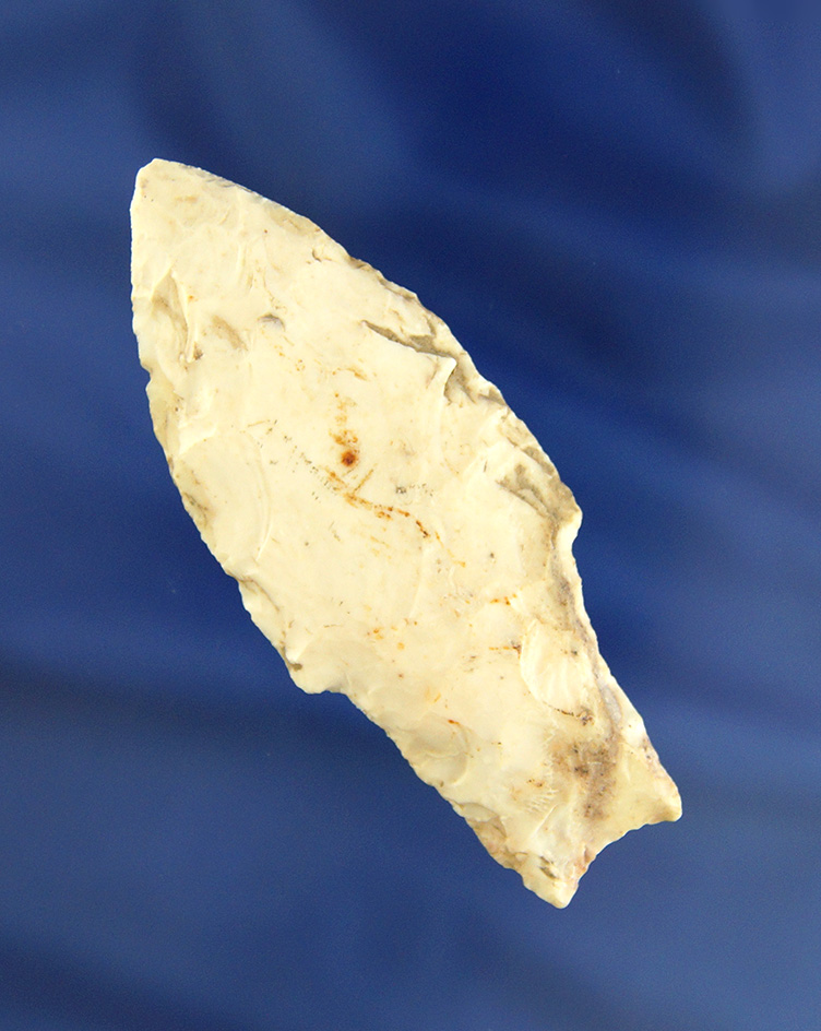 3 3/16" heavily patinated Burlington chert Standlee contracting stem found in Cole Co.,  Missouri.