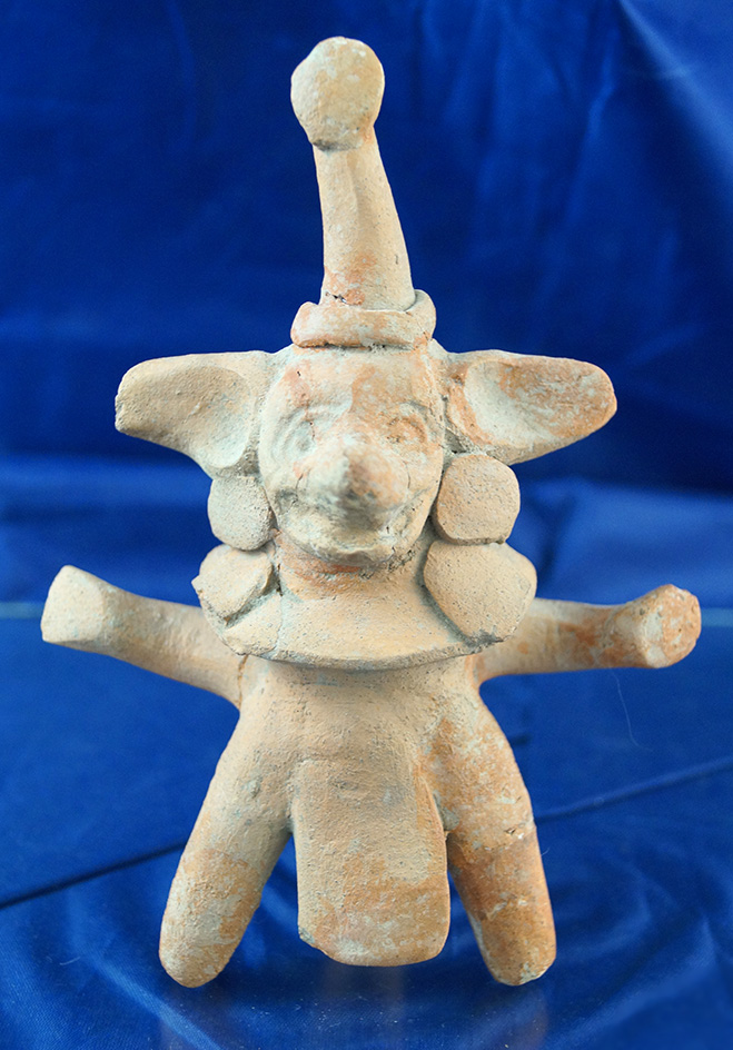 6" tall Pre Columbian Tri-Leg  Vera Cruz Pottery Figural Whistle. Circa AD 600-900.