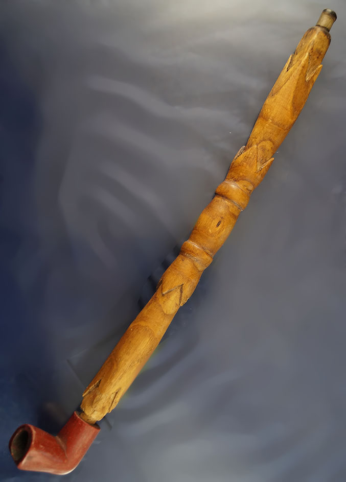 1 3/8" tall beautiful red Catlinite Historic Era Pipe on a well styled original wood stem.