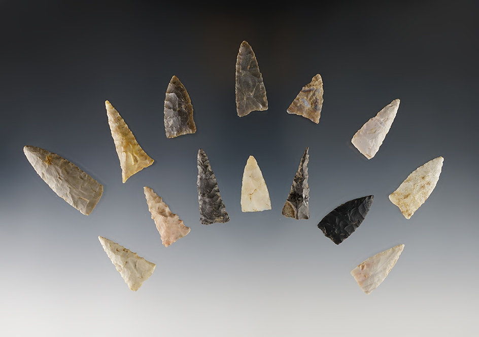 Set of 15 finely made Triangles found in the Kentucky/Tennessee area. The largest is 1 11/16".