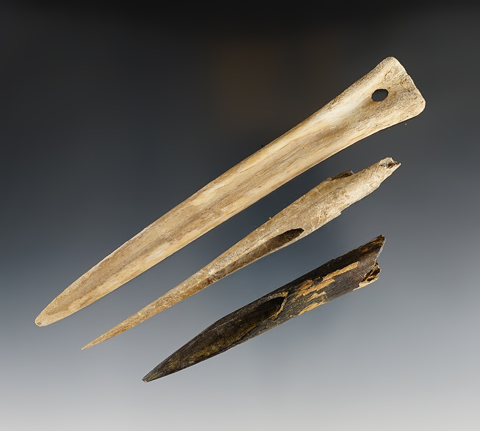 Set of 3 well patinated Bone Awls. The largest is 5 13/16".