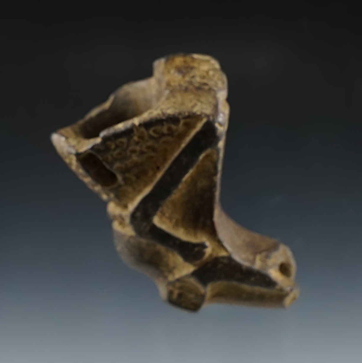 Very unique 2 1/2" clay pipe - intricate design.Bowl rim was salvaged in antiquity. New York.