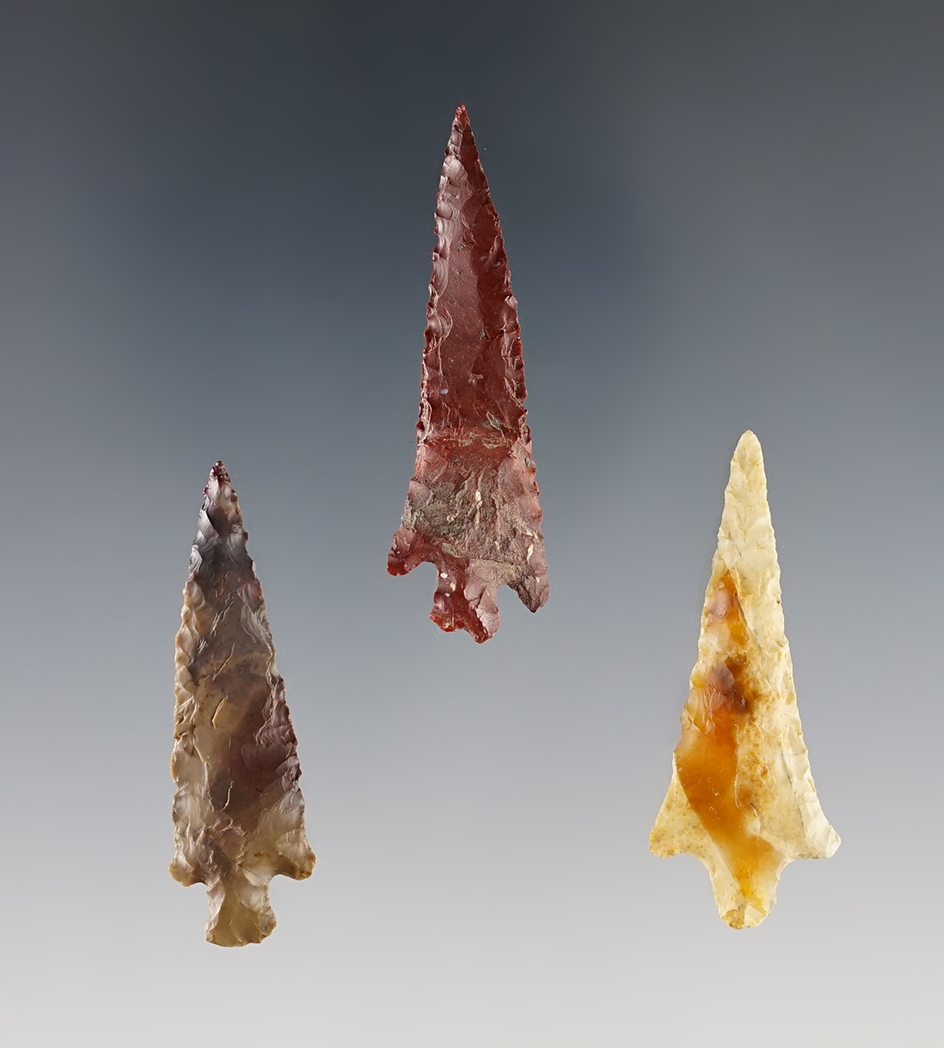 Set of 3 assorted arrowheads found near the Columbia River, largest is 1 7/8". Ex. Gene Favell.