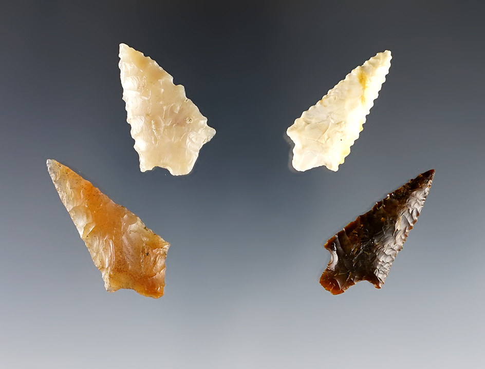 Set of 4 assorted Columbia River Gem Points, largest is 1 5/8". Ex. Gene Favell collection. 
