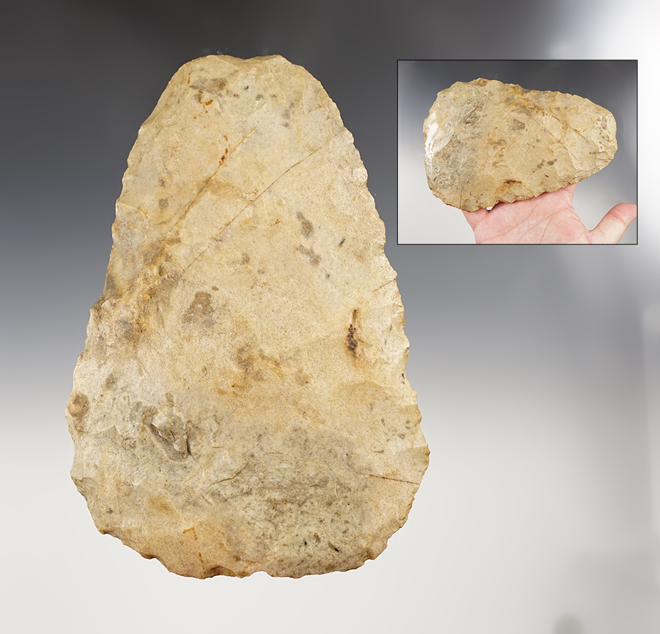 Well patinated 7 1/4" flint Hoe found by Harryette Campbell - King Site, New Madrid Co., MO.