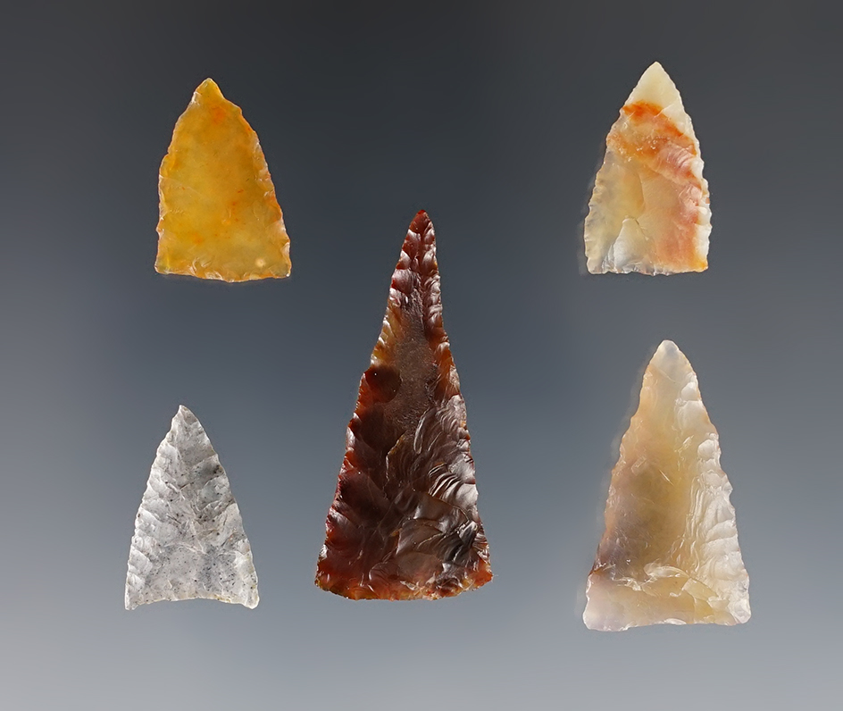Set of 5 Triangles found near the Columbia River, largest is 1 1/2". Ex. Gene Favell collection. 