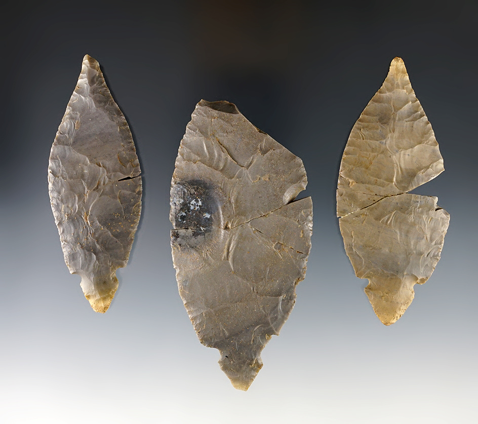 Set of 3 Turkeytail Points that have been glued. From a Cache found in Bourbon Co., Kentucky. The largest is 4 7/16".